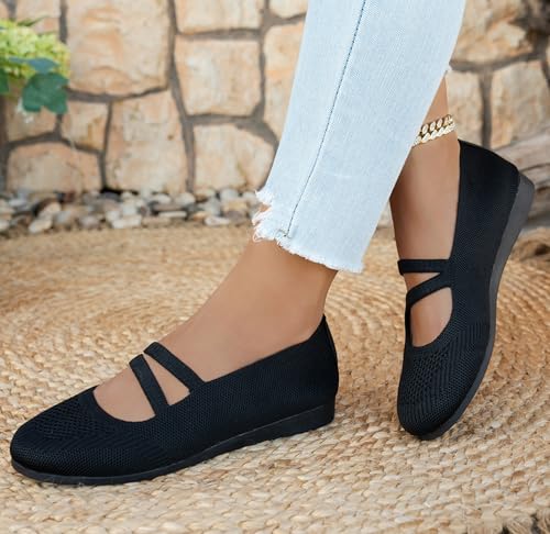 Knit Flats for Women Square Toe Ankle Strap Casual Ballet Flats Mary Jane Shoes Women Comfortable for Dressy Office3