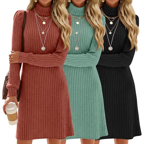 Sweetyweee 3 Pack Women's Sweater Dress Turtleneck Long Sleeve Ribbed