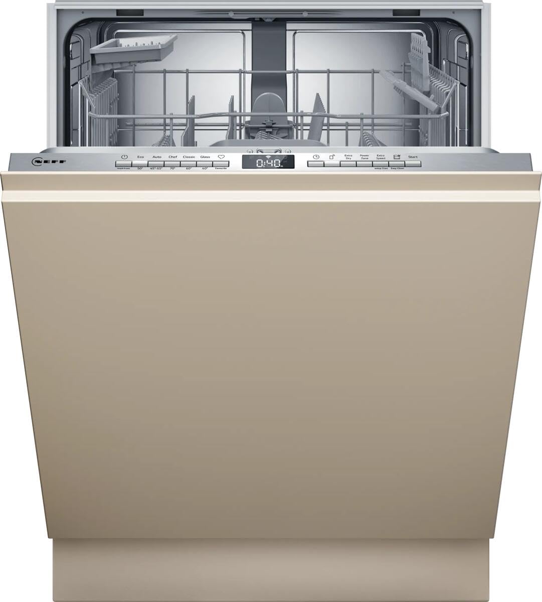 NEFF Lave-vaisselle intelligent, entièrement intégré, 60 cm, avec panier à couverts, nettoyage puissant avec Chef 70 °C, panier supérieur réglable en hauteur, bouton favoris, info Light, Aqua Stop