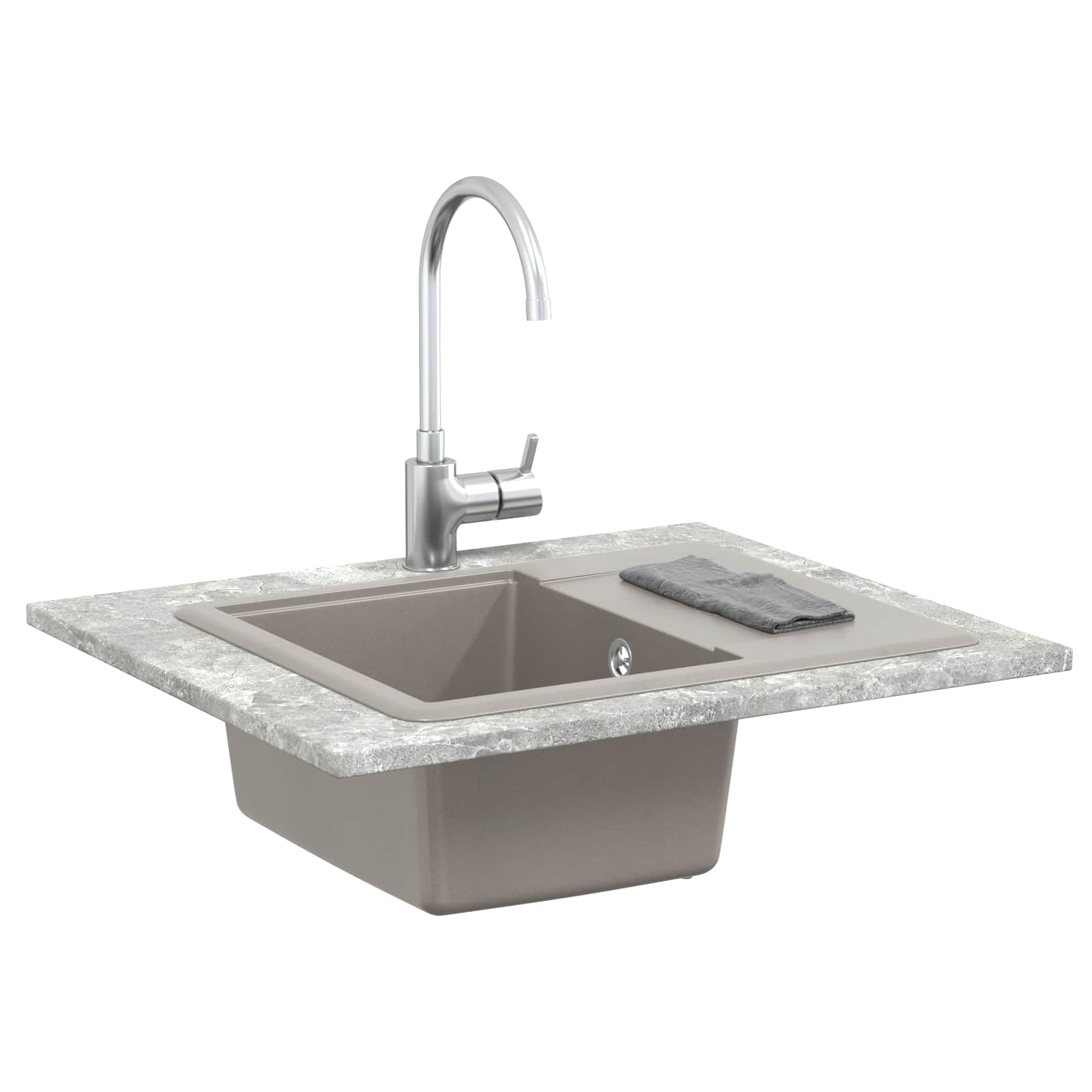 Lavabo gris 560 x 460 mm de 80% cuarzo y 20% resina, fregadero empotrable duradero con escurridor para cocinas modernas, granito resistente, fácil montaje, resistente al calor hasta 280 °C