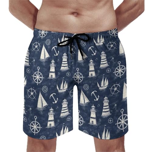 Hawaiian Shorts for Men - Nautical Sailor Pattern Print Quick Dry Mens Swim Trunks Bathing Suits with Mesh Lining