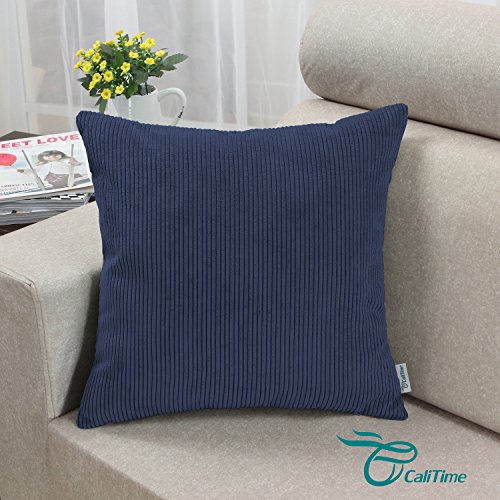 Calitime Pack Of 2 Cozy Throw Pillow Covers Cases For Couch Bed Sofa Ultra Soft Corduroy Striped Both Sides 20 X 20 Inches Navy Blue #TOP2
