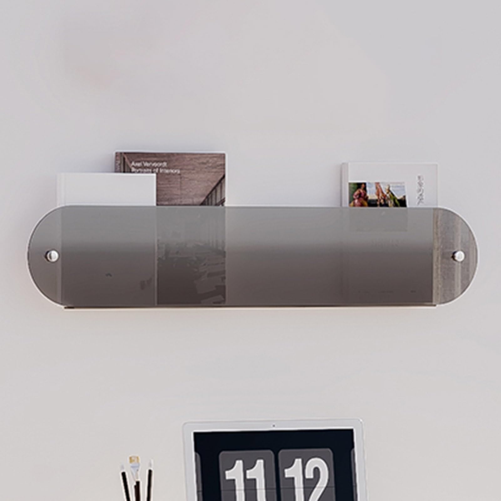 CGCSYZ Transparent Modern Magazine Rack Acrylic, Wall Mounted Arched Edge Newspaper Brochure Display Stand, Office Hotel Home Book Storage Shelf (Dark Gray 90cm(35 3/8)