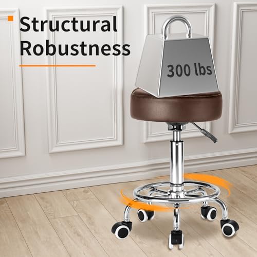 Image of Rolling Stool PU Leather Round - Ultra Soft Padded Seat Cushion Stool with Wheels with Footrest, Weight Capacity 300lb,Adjustable Height Stool for Tattoo Massage Salon Medical Spa Center (Brown)