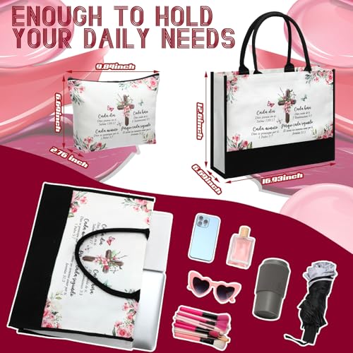 Aliceset 2 Pcs Christian Gifts for Women Spanish Canvas Tote Gifts Religious Bible Verse Tote Bag with Makeup Bag2