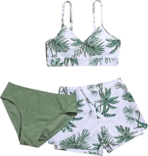 Image of SHENHE Girl's 3 Piece Tropical Print V Neck High Waisted Bikini Swimsuit with Beach Shorts Palm Multicolor 130