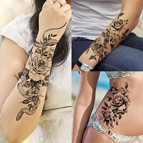 Image of VANTATY 65 Sheets Black Realistic Flower Temporary Tattoos For Women Arm Thigh, 3D Fake Tattoos That Look Real And Last Long, Temp Rose Sketch Moon Snake Peony Floral Tattoo Stickers For Adults Girls
