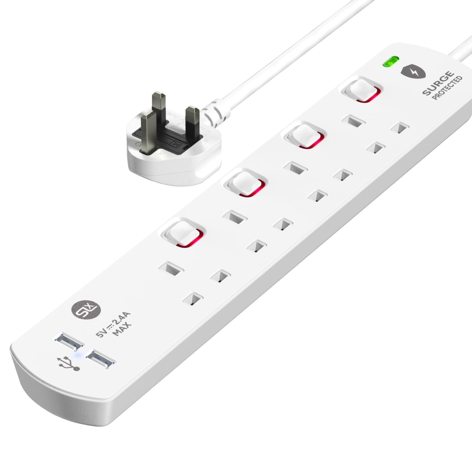 SLx 4 Way Gang Socket Mains Extension Lead 2m with 2 USB A Ports 13A UK Plug