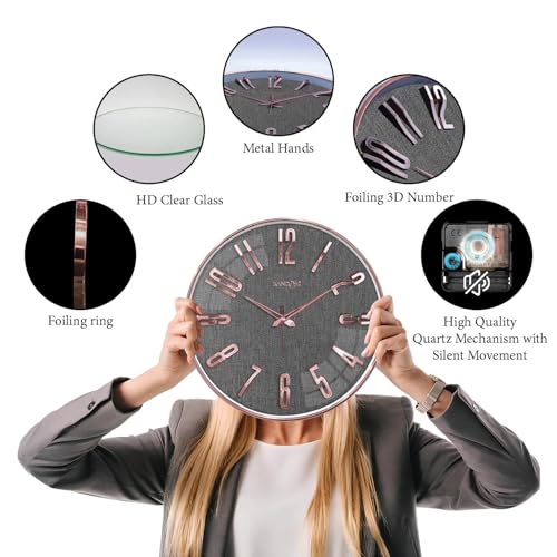 Image of RANDOM Sweep Silent Wall Clock, Non-Ticking Quartz Movement with 3D Foiling Numbers. (Rose Gold and Grey)