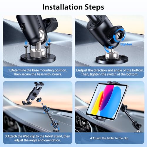 CreaDream Aluminum Tablet Mount for Truck, Tablet Holder for Car, Angle Adjustable with Drill Base, iPad Car Holder for Dashboard, Wall, Boat, Vehicle, Compatible with 4.7"-13" Tablets, iPads, Phones - image 8