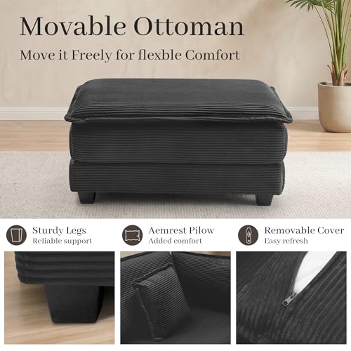 Image of Corduroy Sectional Couch, 3 Seater 113 inch L Shaped Cloud Couch with Ottoman, Modular Deep Seat Sofa with Pillows for Living Room, Apartment, Black
