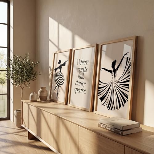 Image of NoWorries Minimalist Ballet Dancer Wall Art Framed Painting Set of 3 | Black & White Dance Silhouette Prints with Frame | inchWhere Words Fail, Dance Speaks inch Quote | Modern Aesthetic Ballet Decor Frames for Living Room, Bedroom and Studio, Framed Artwork Ready to Hang (Art-9, 10x13inch, Wooden)