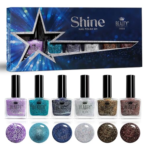 Coffret de Vernis à Ongles Shine – Lot de 6 Couleurs Pailletées Reflet Shimmer 10 ml, Application Facile par Beauty4Britain