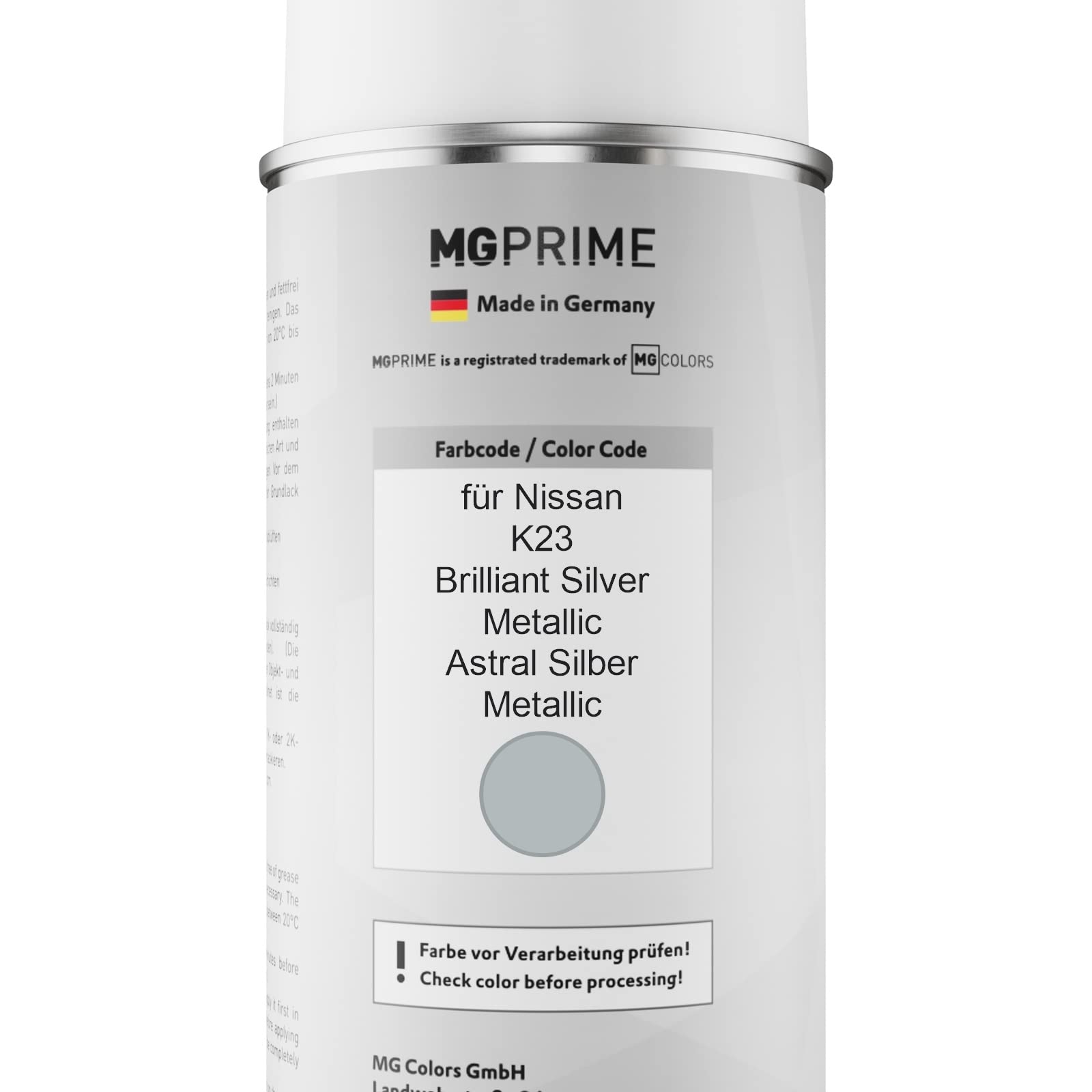 MG PRIME Bomboletta Vernice Auto Per Nissan K23 Brilliant Silver Metallic – 400ml, Qualità OEM, Asciugatura Veloce