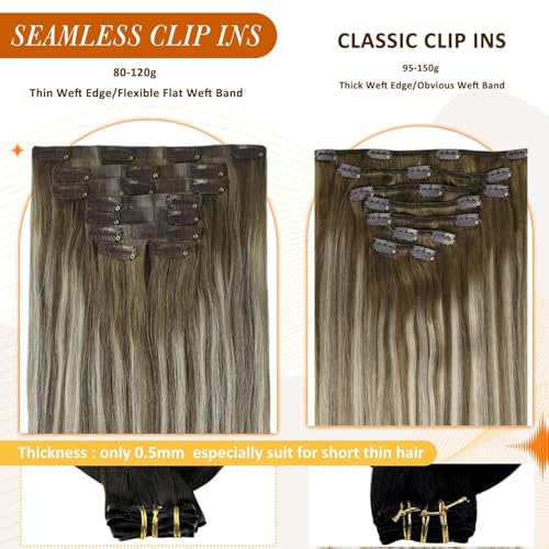 Image of Full Shine Human Hair Extensions Clip ins, Balayage Cool Brown Ombre Blonde | Seamless Ultra-Thin Weft, Long Straight Hair for Women, Heat Styling, Adds Length & Volume, Natural Blend, 22 Inch 8 Pcs 120g