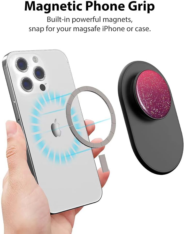 Magnetic Phone Grip for MagSafe, Phone Ring Holder Finger Kickstand Wireless Charging Compatible, Magnet Phone Rings Gripper Stand for iPhone Mag-Safe Accessories - Sky Sparkle Red