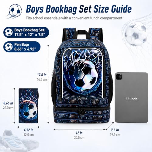 Image of HPJGD 2-in-1 Kids Backpack for Boys, 17 inch Soccer Elementary Bookbag Set with Built-in Lunch Compartment, Water-Resistant School Bag for Preschool - Thrash Net Soccer