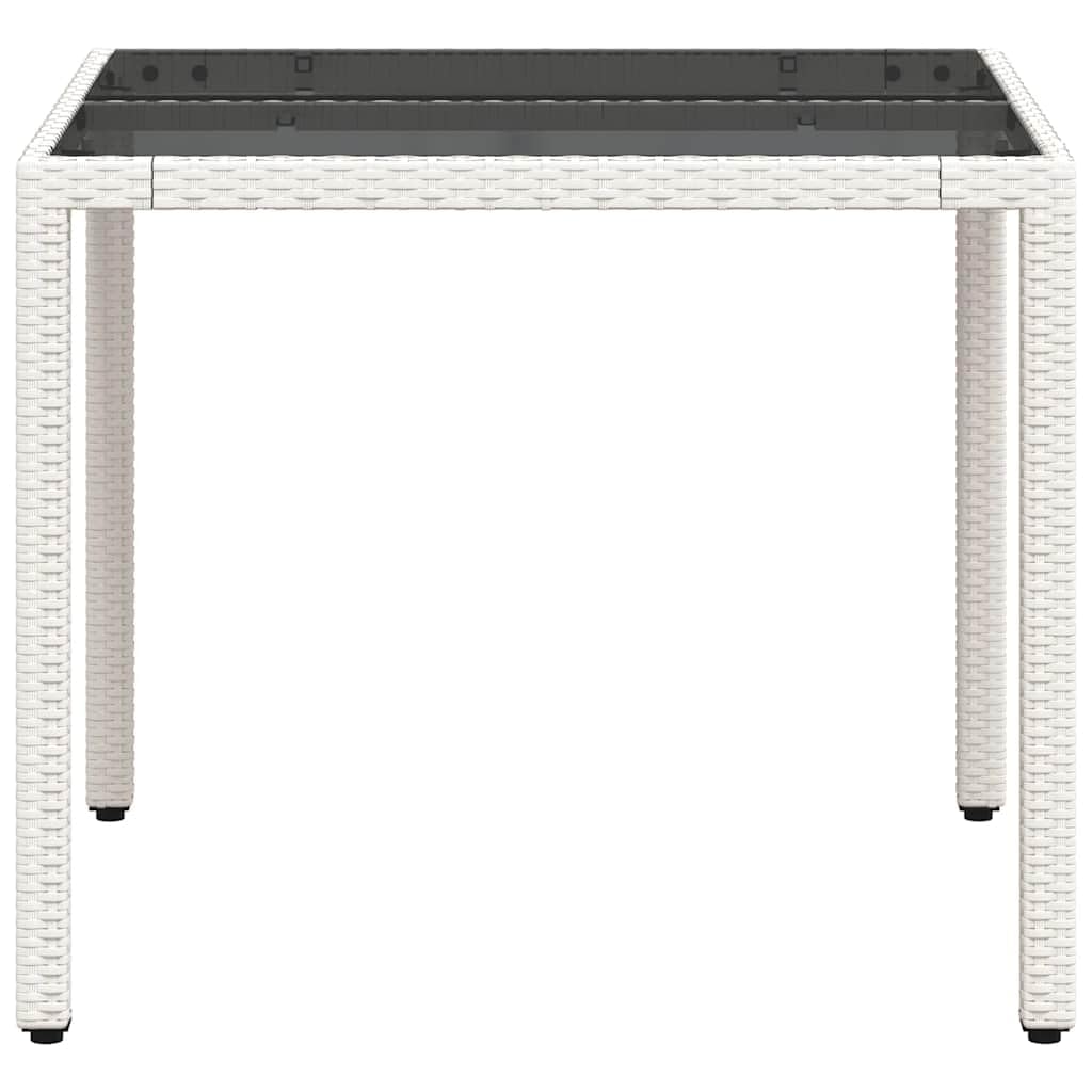 Stół ogrodowy ze szklanym blatem, biały, 90 x 90 x 75 cm, polirattan, odporny na warunki atmosferyczne, stal malowana proszkowo, stół tarasowy, stół balkonowy, meble ogrodowe