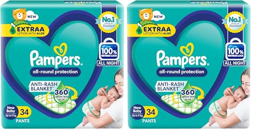 Image of Pampers All round Protection Pants, Newborn, Extra Small size baby diapers (0-5kg) 34 Count, Lotion with Aloe Vera (Pack of 2)