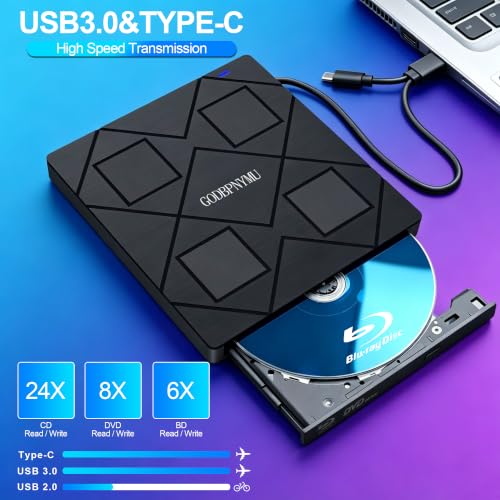 Image of 8-in-1 External Blu-ray Drive, USB-C Hub & Card Reader for Laptop | Win11 /10 /8 /7 /Mac OS.compatible . 2 USB + USB-C ports,TF /SD Card Reader, . 1+4 storage bags included