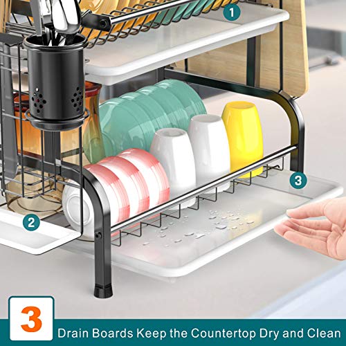 Dish Drying Rack, Cambond 304 Stainless Steel 2 Tier Dish Rack with Drain Board, Utensil Holder, Cutting Board Holder, Rustproof Dish Drainer for Kitchen Countertop, Black - Thumbnail 4