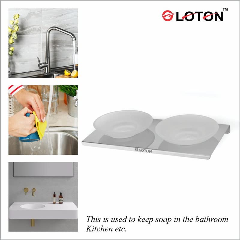 Image of GLOTON Wall Mount Stainless Steel with Smokey Glass Oval Shape Double Soap Holder for Bathroom, Soap Stands for Bathroom Wall /Soap Tray for Bath Dish Bathroom Accessories and Fittings Rust Free