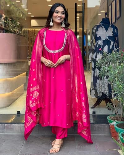 Womens Kurta Set Silk Blend Jacquard Khatali Work Stright Kurta and Pant with Dupatta Set4