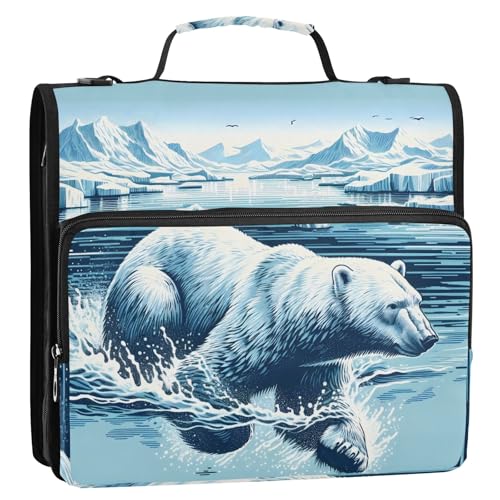 Polar Bear Swim in The Water 3 Ring Zipper Binder with Handle Shoulder Strap, 500 Sheet Capacity Multi-Pocket Storage Organizer Bag for School Office