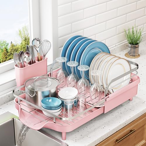 Image of SNTD Dish Drying Rack, Expandable Dish Rack for Kitchen Counter, Stainless Steel Dish Drainer with Drainboard Set and Utensil Holder (Pink)