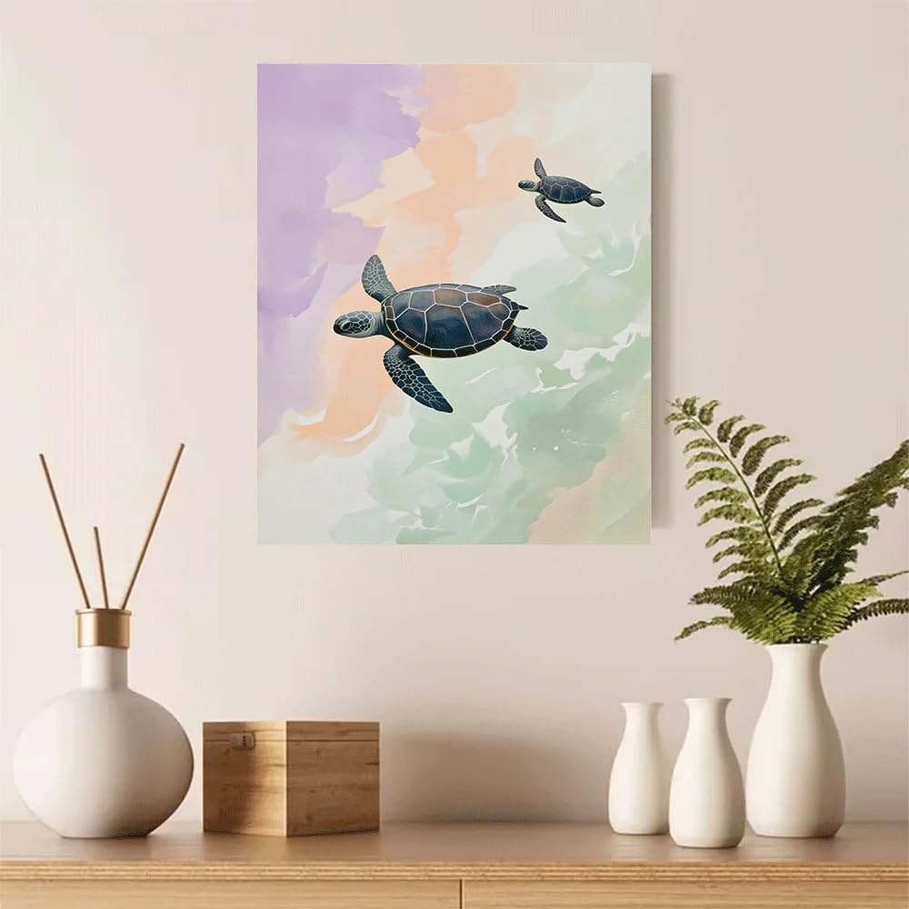 GKUVBF Impression sur toile aquarelle tortue de mer, affiche murale paysage marin estival pour la décoration de la chambre à coucher (60x80cm/cadre intérieur)
