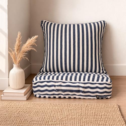 Image of Woven Quilted Floor Cushion Set 60x60x10 CM Navy Blue Stripe with Fillers & Back Cushion, Large Size for Seating, Patio Seat, Meditation, Yoga, Pooja, Guests, Living 24x24x4 Inch