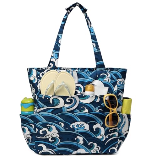 Image of Kasqo Beach Tote Bag for Women, 22L Waterproof Sandproof Medium Packable Travel Bag with Zipper for Pool Gym Shopping