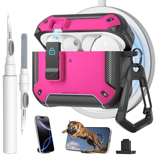 Image of for AirPods Pro 3 Case with Magnetic Lock and Phone Stand, Compatible with Magsafe Charging,with Carabiner&Cleaner kit for Apple iPod Pro 3rd Generation Cover(2025) Men Women (Rose Red)