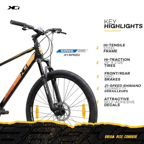 Image of XCi Brave 29T Shimano Geared for Men TUF Shox Front Suspension 21 Speed MTB 29 T (inch) Mountain Cycle Black Gold