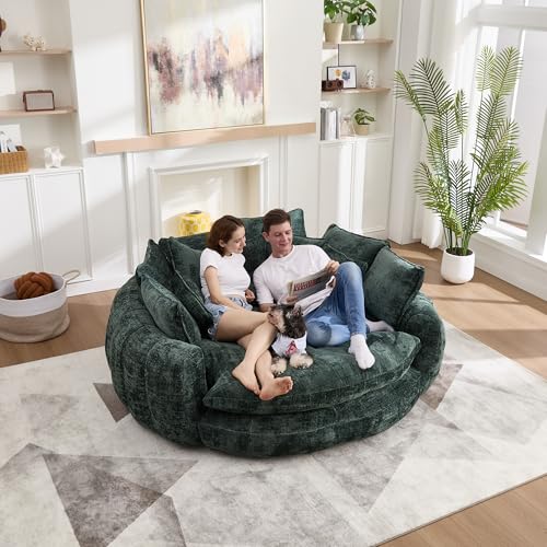 Image of 81 inch Round Sofa Bed Big Bean Bag Round Chaise Lounge Oversized Round Couch Boneless Reading Chair Plush Fluffy Chenille Large Chaise Chair for Living Room, Bedroom, Apartment, Olive Green