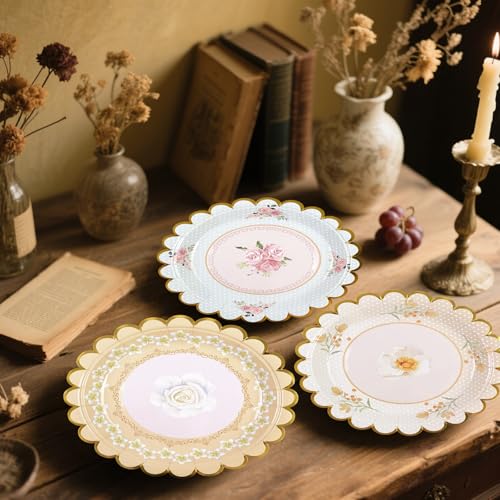 DHAIQC Lot de 48 Assiettes Jetables Florales Vintage 18 cm, Festonnées Assiette Carton Jetable Vaisselle Anniversaire Pour Gâteaux Desserts Anniversaires Baby Showers Mariages Party du thé (Fleurs) – vue 4