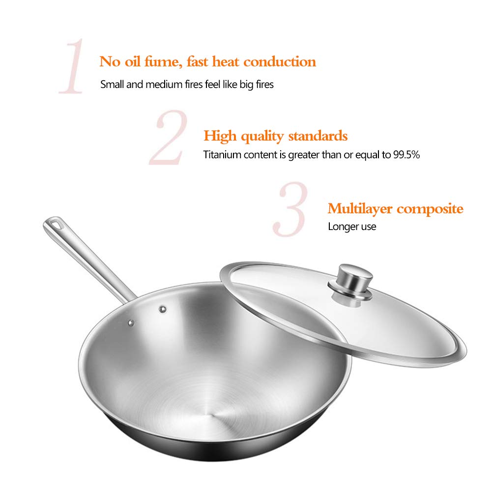 Wok kompozytowy z czystego tytanu dwuwarstwowy, zdrowy, bez olejnego dymu, bez powłoki, lekka, odporna na rdzę i korozję nieprzywierająca patelnia, 30 cm