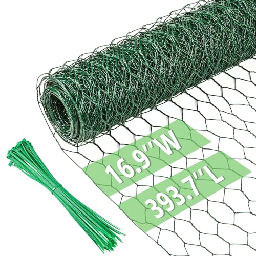 Image of Chicken Wire 16.9 in x 393.7 in Poultry Wire Netting Hexagonal Galvanized Mesh Garden Fence Barrier for Pet Rabbit Chicken Fencing with 100 Pcs Cable Zip Ties(PVC-Coated)