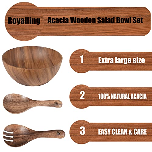 Royalling 11.8"X 3.9" Acacia Wooden Salad Bowl Set, Large Wooden Salad Bowl, Salad Mixing Bowl, Wood Serving Bowl, 3-Piece Wood Salad Bowl Set With Salad Spoon And Fork¡­ (Acacia) #TOP2