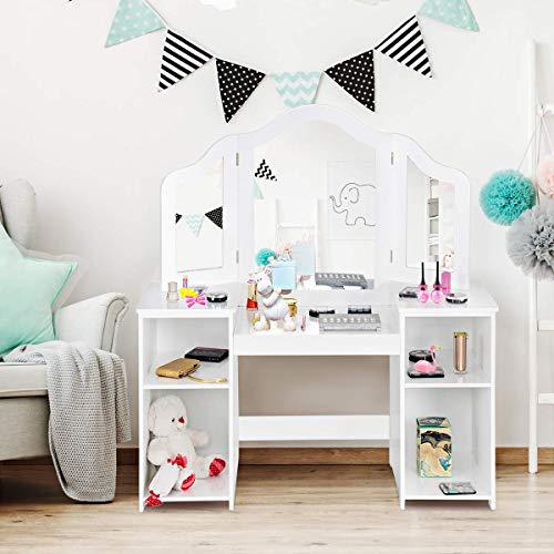 Costzon Kids Vanity, 2 In 1 Princess Makeup Desk Dressing Table With Detachable Top, Toddler Vanity With Tri-Fold Mirror & Storage Shelves, Pretend Play Vanity For Little Girls, White #TOP3