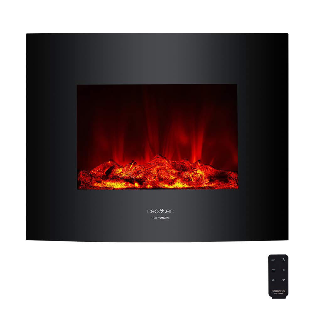 Cecotec Cheminée électrique Ready Warm 2200 Curved Flames. 2000W, 22", 2 niveaux de puissance, 20m2, Télécommande, Panneau curve en verre templé (26", Nero | Telecomando)