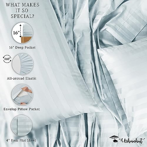 URBANHUT 800 Thread Count Egyptian Cotton Damask Striped Queen Size Sheets Set (4 Pc) - Ultra Soft & Smooth, Sateen Weave Queen Size Sheets, Luxury Hotel Sheets with 16" Deep Pocket - Light Blue