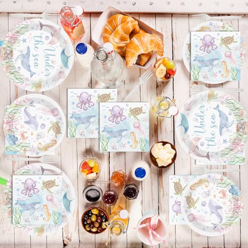 Image of 96 Pcs Under the Sea Party Decorations Ocean Plates and Napkins Sea Turtle Theme Tableware Set Decor Party Supplies for Birthday Wedding Baby Shower Sea Animal Party Favors for 24 Guests