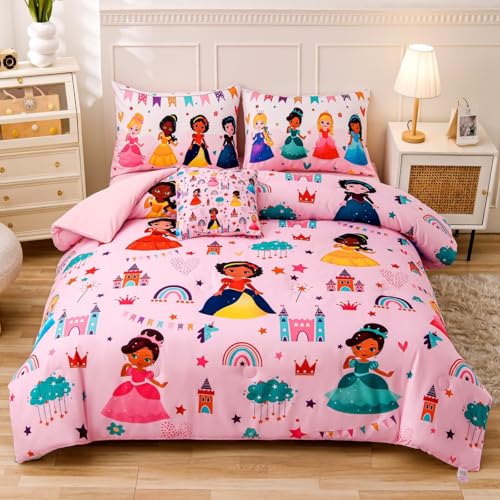GRAT TIOC 6 Pieces Pink Princess Comforter Set for Girls Twin Bed in A Bag Princess Bedding Set for Girl Kids (1 Comforter 1 Flat Sheet 1 Fitted Sheet 2 Pillowcases and 1 Cushion Cover)