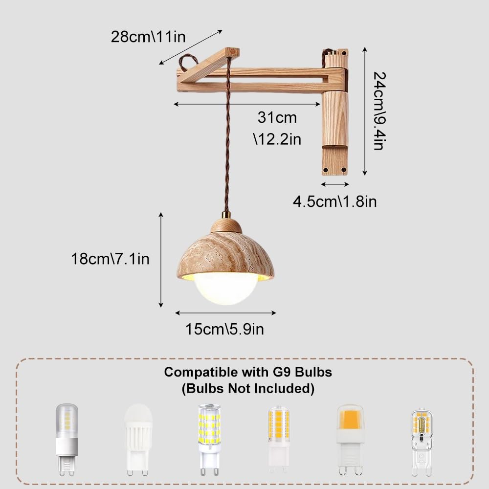 Aplique de pared de madera, pantalla de travertino amarillo | Lámpara de pared Wabi Sabi de estilo japonés, lámpara de pared de mármol moderna de mediados de siglo for cabecera(B)