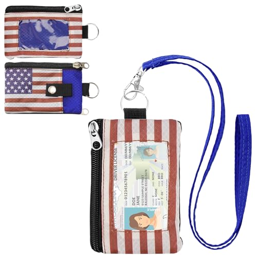 Image of Minimalist RFID Wallet with Lanyard, Multi-functional ID Case with 2 Zipper Pockets and Key Chain for Men and Women, Tactical Badge Pouch Cards Holder, Coin Purse for Travel Sports - Two-Tone
