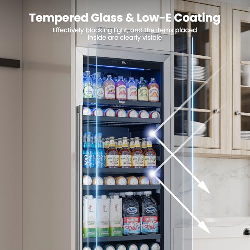 Image of Yeego 24 Inch Large Capacity Beverage Refrigerator, 378 Cans Beverage Cooler with Glass Door & Lock, Built-In or Freestanding Drink Fridge for Soda, Beer & Wine, Office, Bar or Entertainment Area
