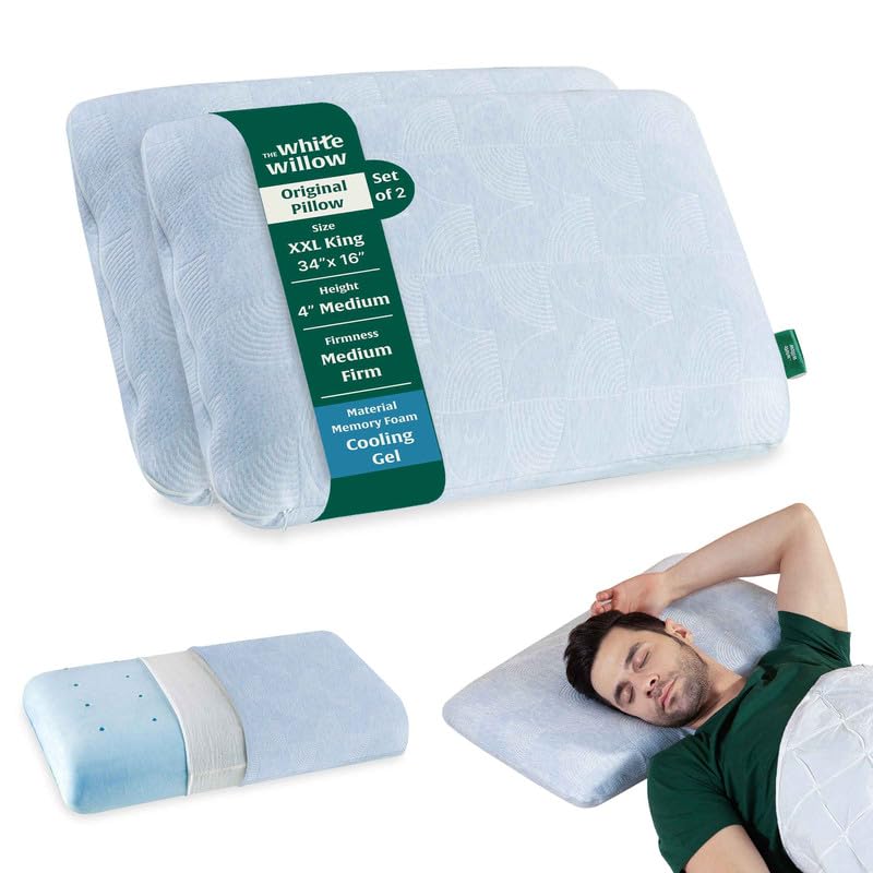 The White Willow Memory Foam Pillow Set of 2-Cool Gel Pillow For Neck & Shoulder Pain-Cervical Pillow For Sleeping-Orthopedic Pillow For Back,Side & Stomach Sleeper-Medium Firm-XXL King Size-4"H-Blue
