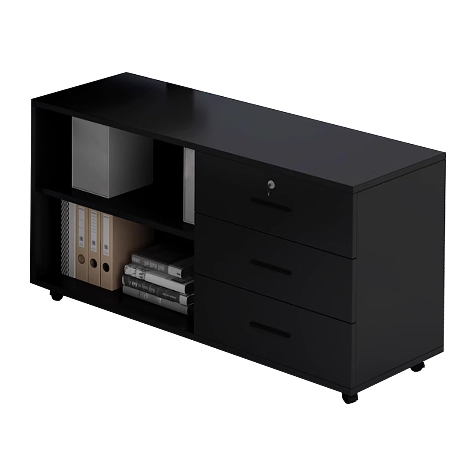 ASerZenith Lockable Drawer File Cabinet With Adjustable Shelves Multi-Function Lateral Filing Cabinet On Wheels For Home Office Printer Table & Partitioned Storage,Black
