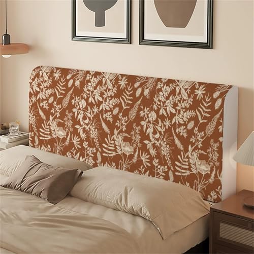 Hearda Cabecera Patrón de Planta Retro,Elástica Funda para Cabecero de Cama,Todo Incluido Prueba de Polvo Cabecero,Individual/Doble/King Protector de Cabecero Cama Decoración (Marrón Oscuro,100cm)